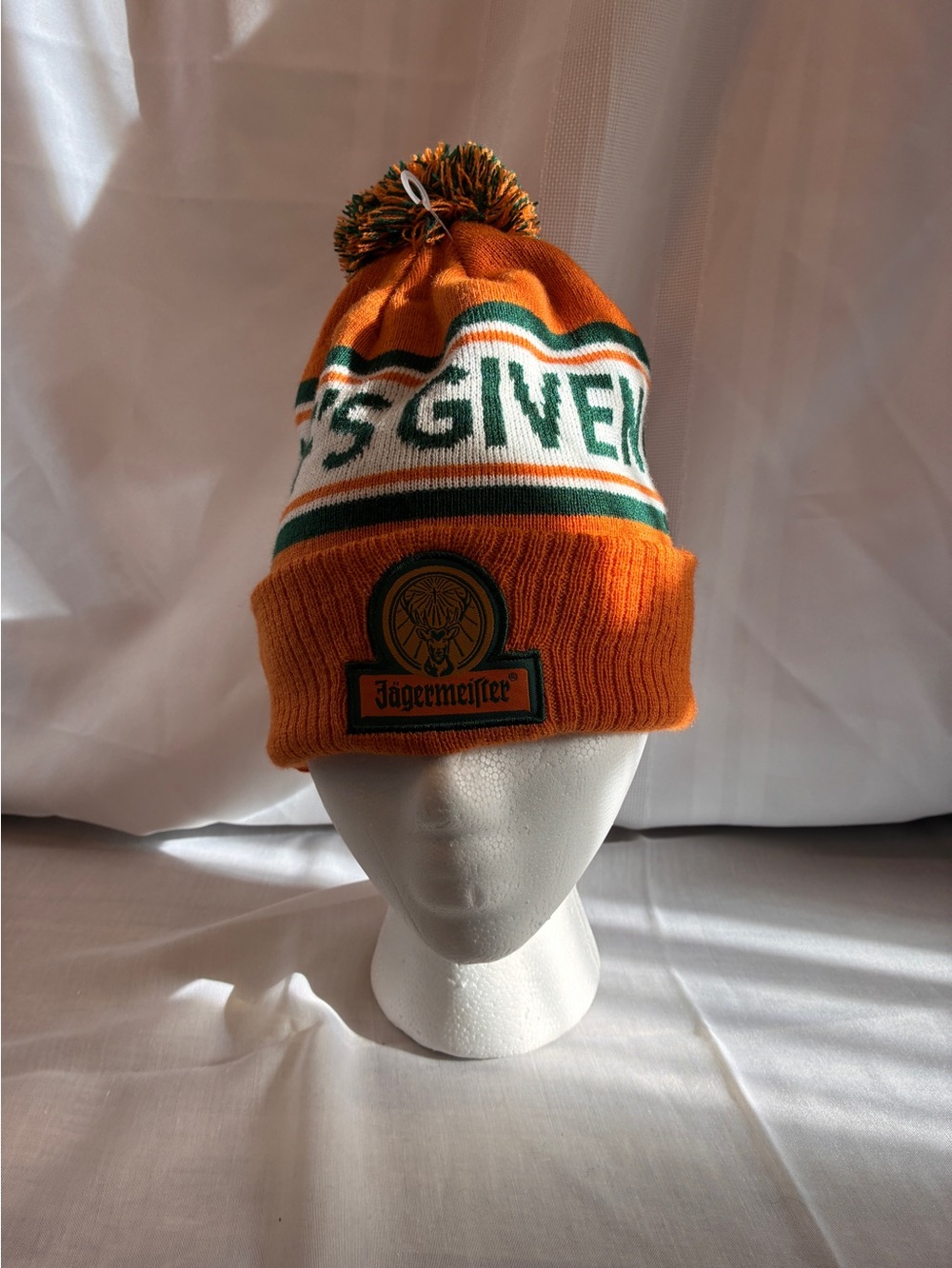 Jagermeister Orange Knit Beanie with Green & White Stripes